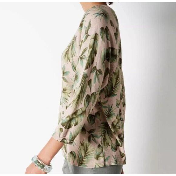 J Jill Sweater Women Petite LP Pink Green Pullover Royal Palm Leaf Printed NWT - Picture 2 of 16